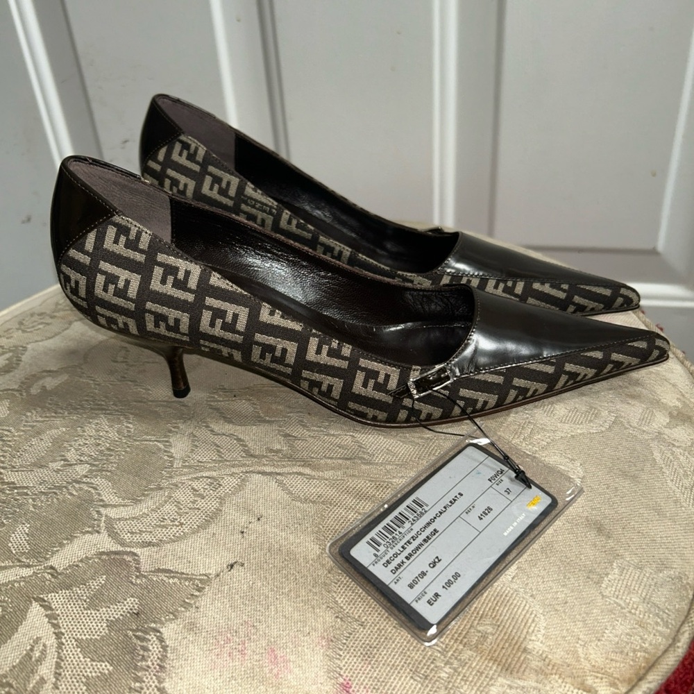 new Fendi Women’s Zucca Monogram Canvas Patent Leather Kitten Heels Pump Shoes 7